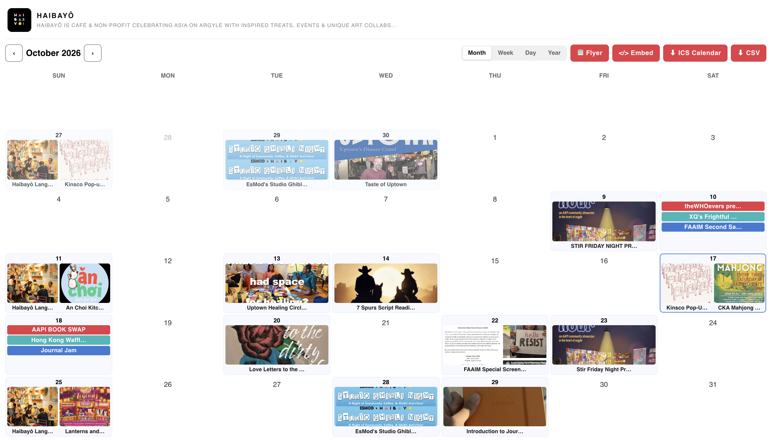A venue's community calendar showing a month of club events